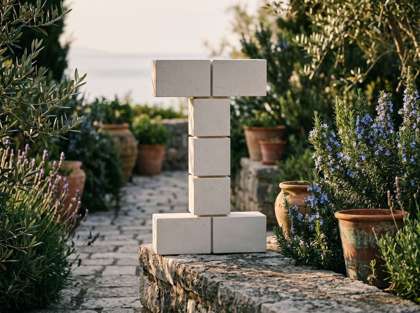 Il simbolo di Ilion in un giardino mediterraneo alla luce calda del mattino.